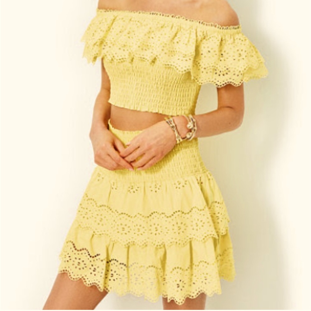Lilly Pulitzer Yellow Eyelet Off-Shoulder Two-Piece Skirt and Top